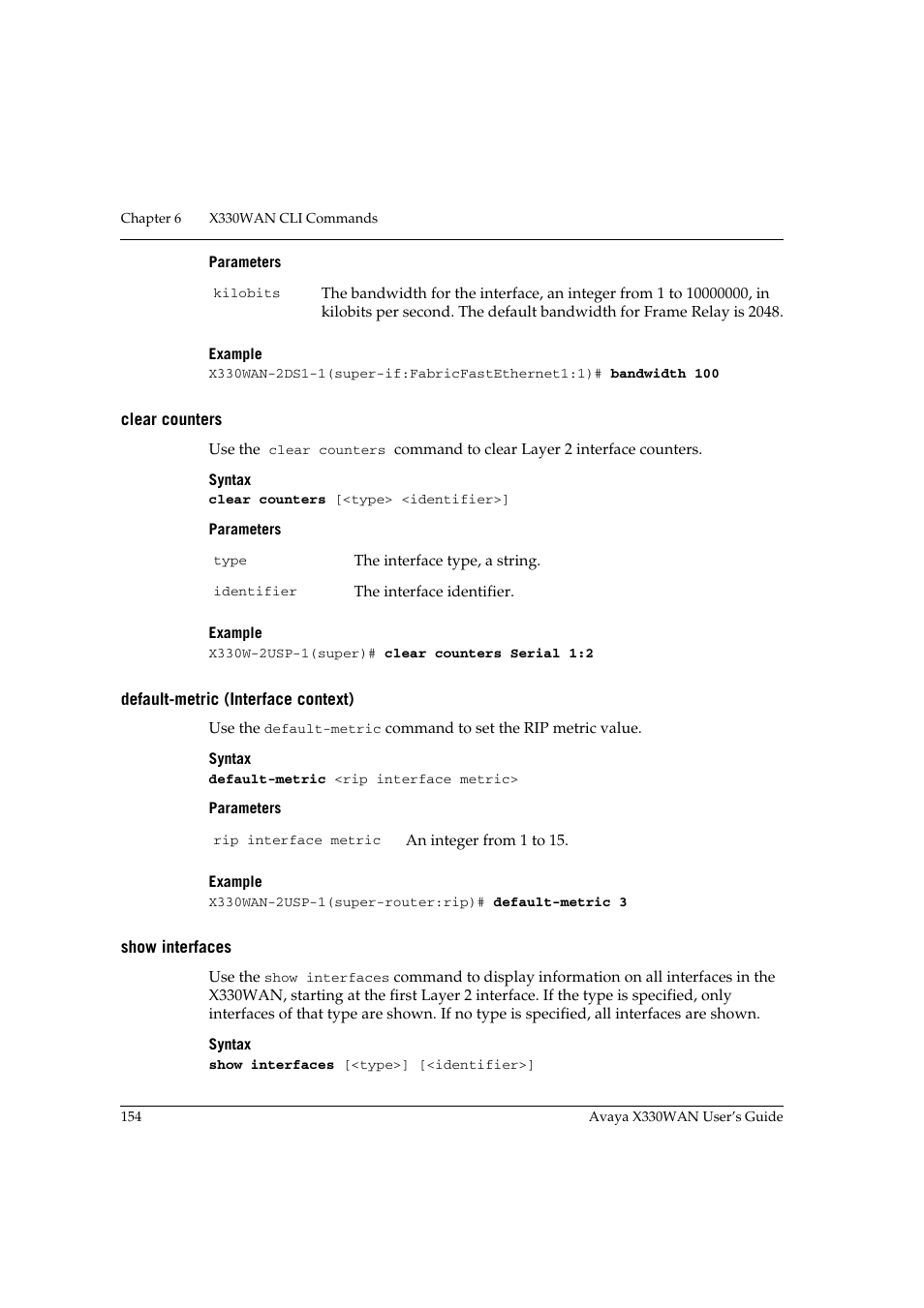 Clear counters, Default-metric (interface context), Show interfaces | Avaya X330WAN User Manual | Page 176 / 264