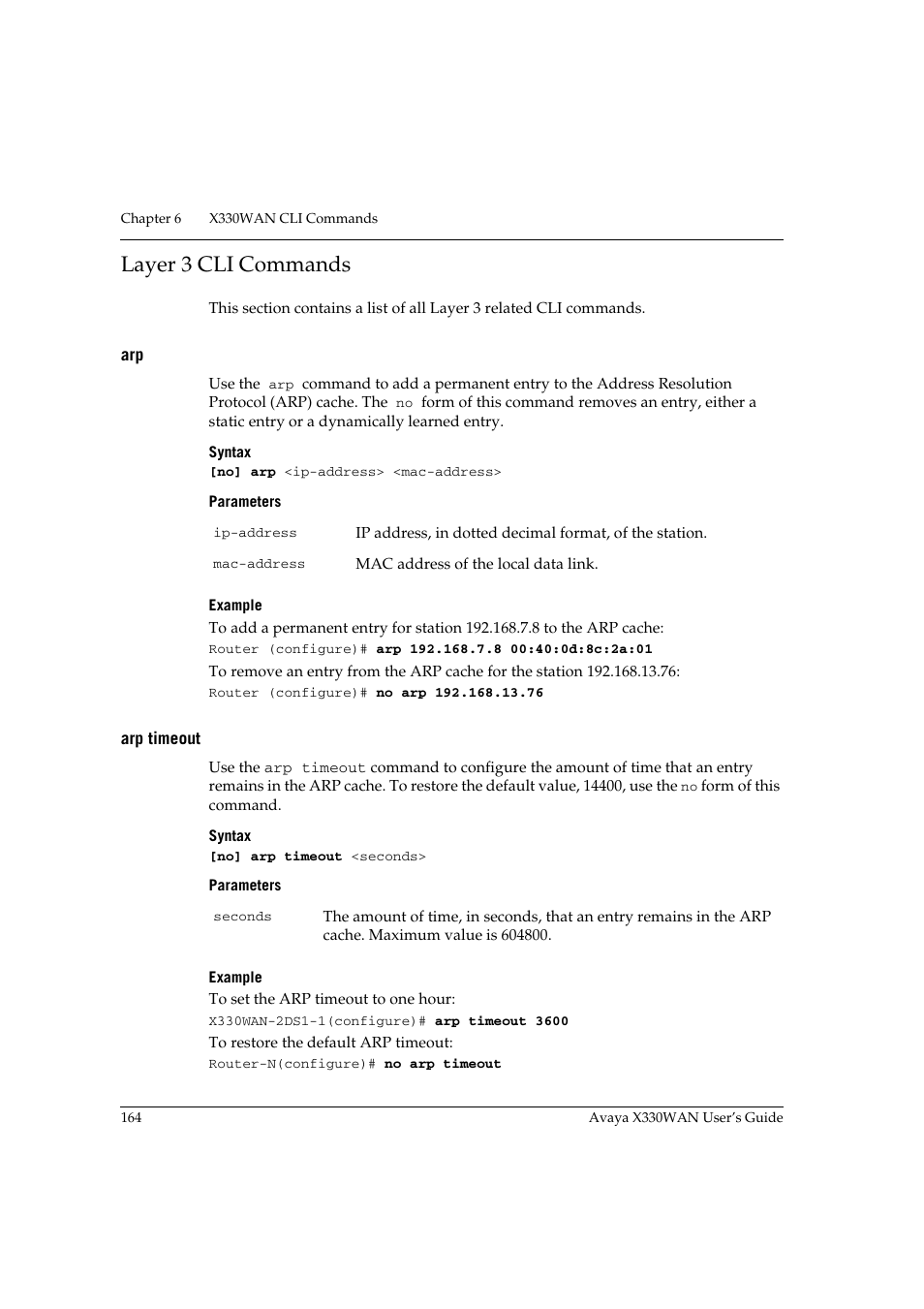 Layer 3 cli commands, Arp timeout, Arp arp timeout | Avaya X330WAN User Manual | Page 186 / 264