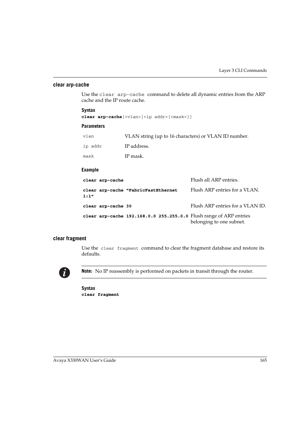 Clear arp-cache, Clear fragment, Clear arp-cache clear fragment | Avaya X330WAN User Manual | Page 187 / 264