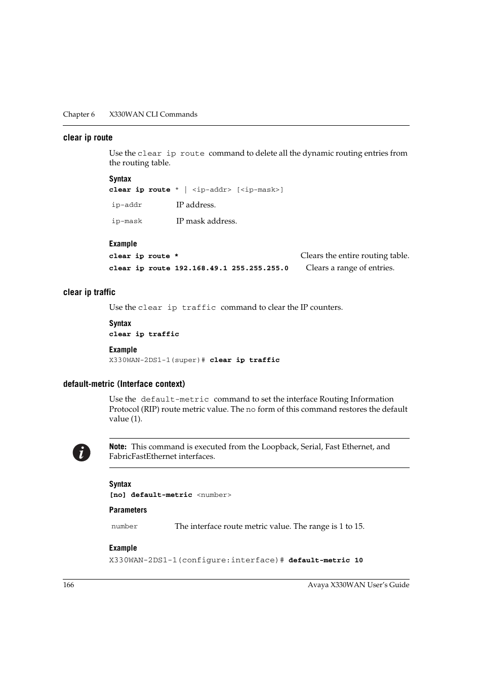 Clear ip route, Clear ip traffic, Default-metric (interface context) | Avaya X330WAN User Manual | Page 188 / 264