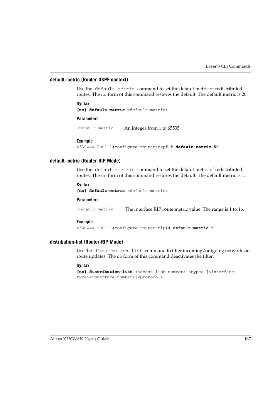 Default-metric (router-ospf context), Default-metric (router-rip mode), Distribution-list (router-rip mode) | Avaya X330WAN User Manual | Page 189 / 264