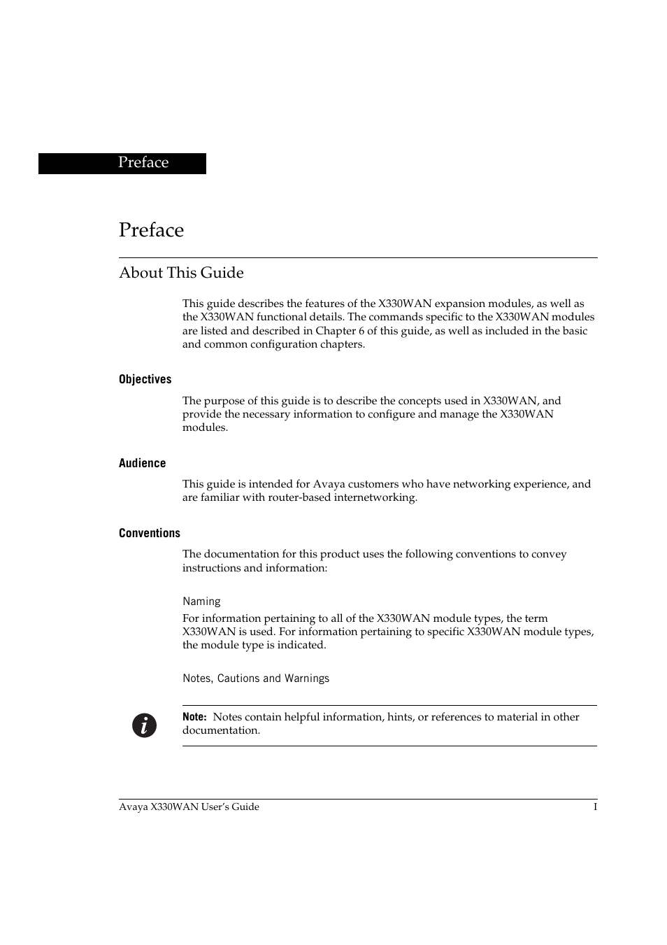 Preface, About this guide, Objectives | Audience, Conventions, Naming, Notes, cautions and warnings | Avaya X330WAN User Manual | Page 19 / 264