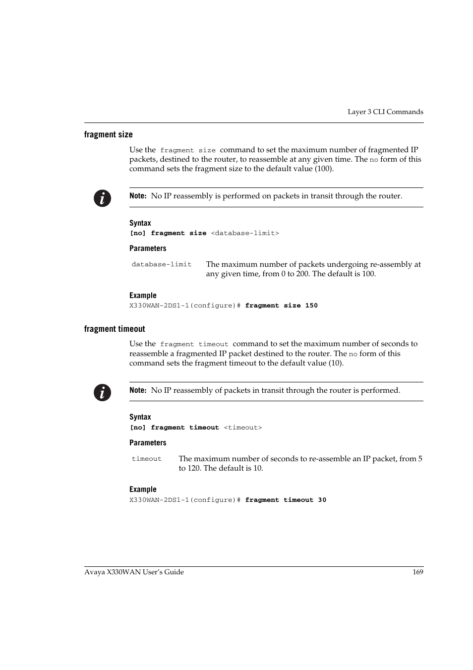 Fragment size, Fragment timeout, Fragment size fragment timeout | Avaya X330WAN User Manual | Page 191 / 264