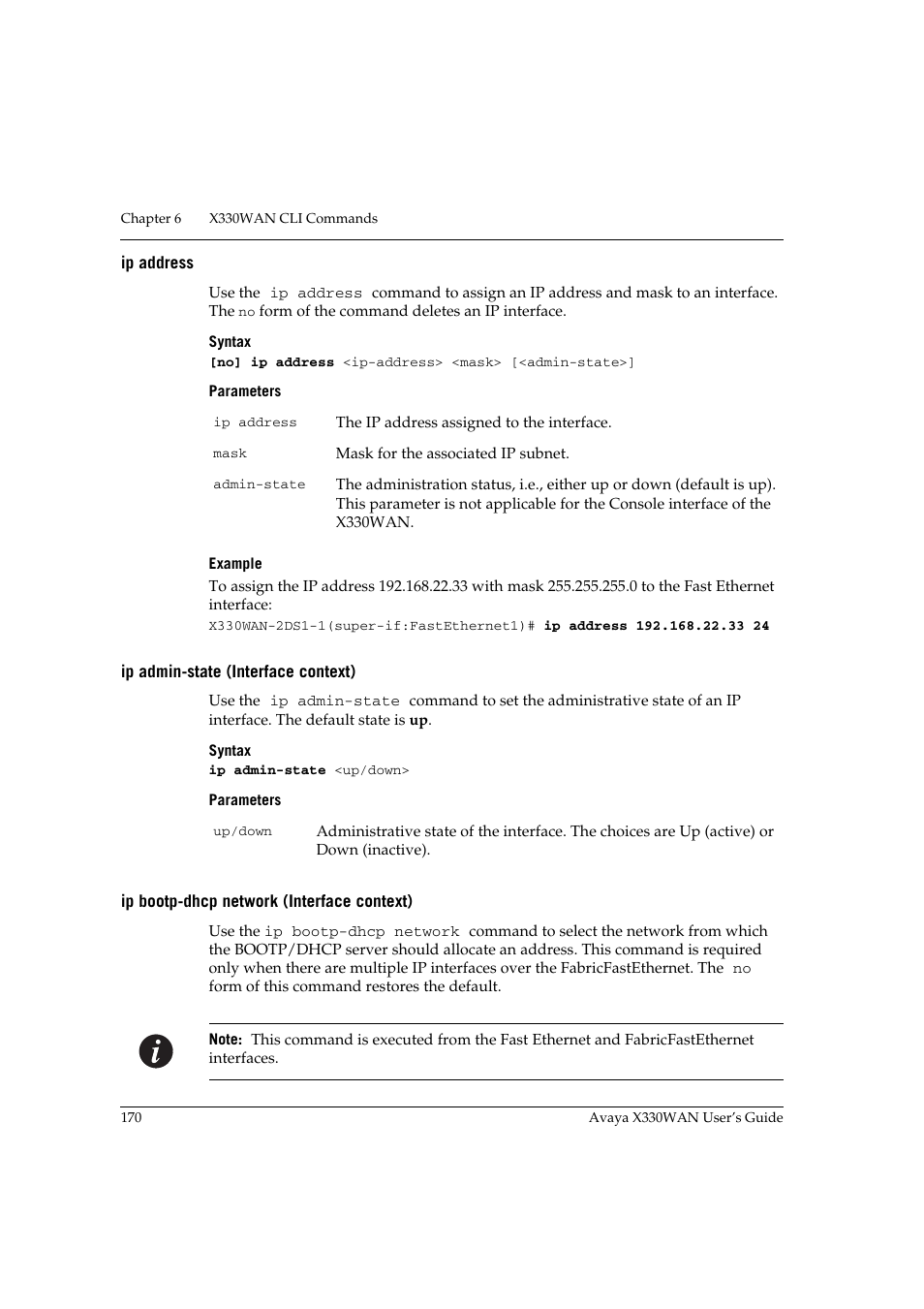 Ip address, Ip admin-state (interface context), Ip bootp-dhcp network (interface context) | Avaya X330WAN User Manual | Page 192 / 264