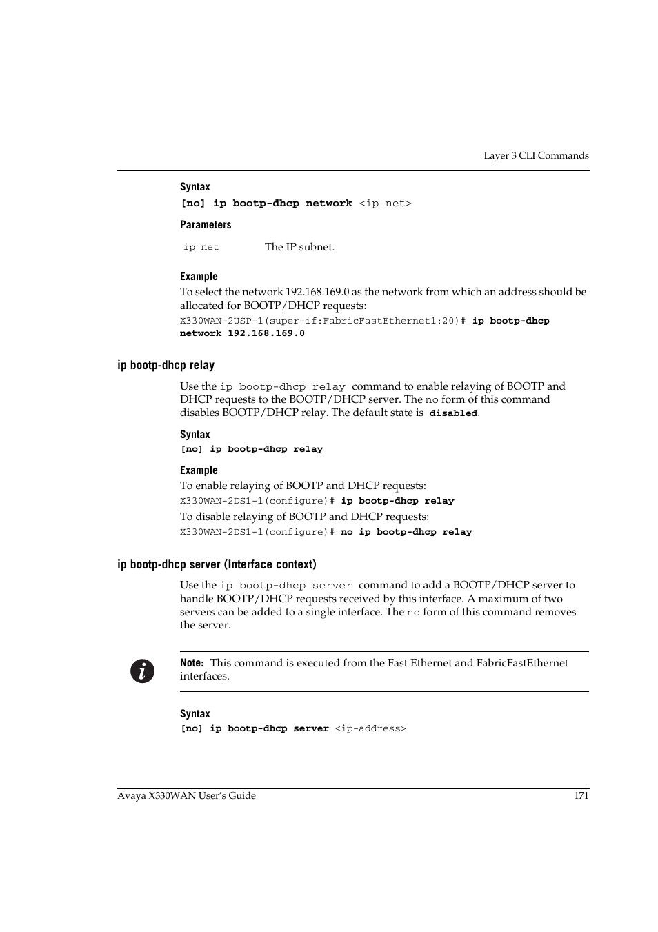 Ip bootp-dhcp relay, Ip bootp-dhcp server (interface context) | Avaya X330WAN User Manual | Page 193 / 264