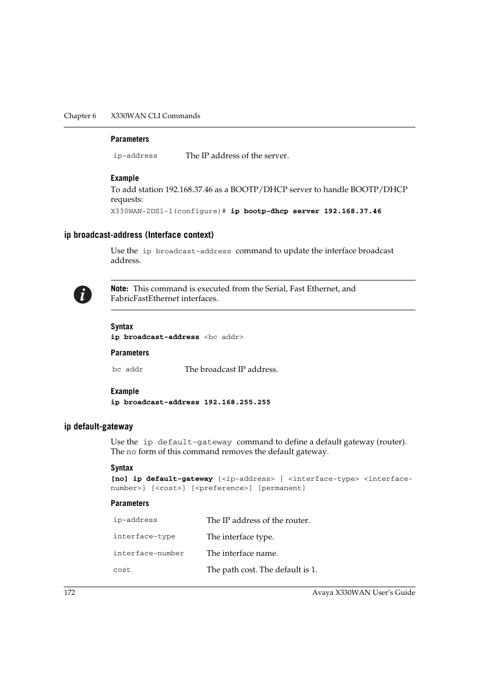 Ip broadcast-address (interface context), Ip default-gateway | Avaya X330WAN User Manual | Page 194 / 264
