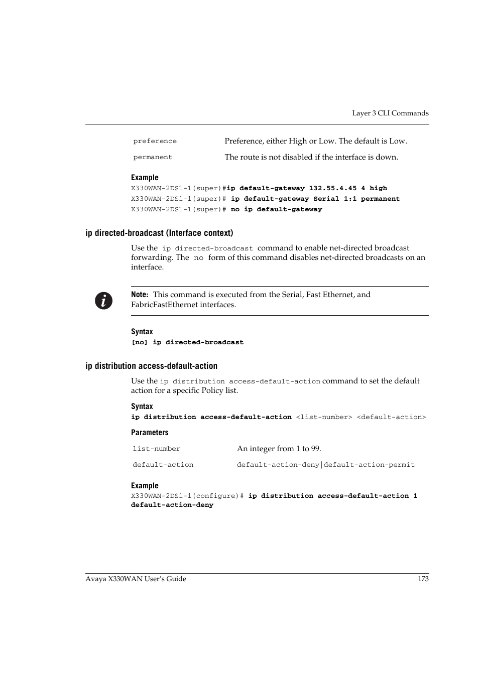 Ip directed-broadcast (interface context), Ip distribution access-default-action | Avaya X330WAN User Manual | Page 195 / 264