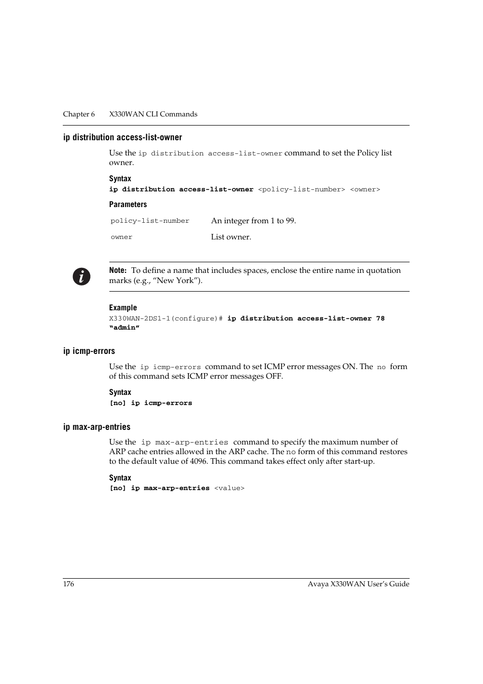 Ip distribution access-list-owner, Ip icmp-errors, Ip max-arp-entries | Avaya X330WAN User Manual | Page 198 / 264