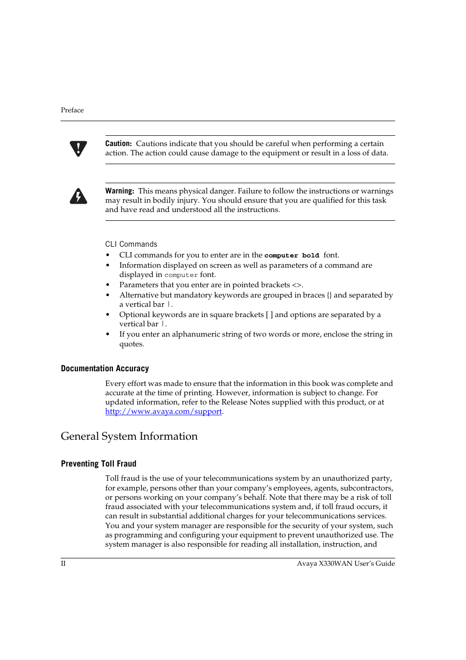 Cli commands, Documentation accuracy, General system information | Preventing toll fraud | Avaya X330WAN User Manual | Page 20 / 264