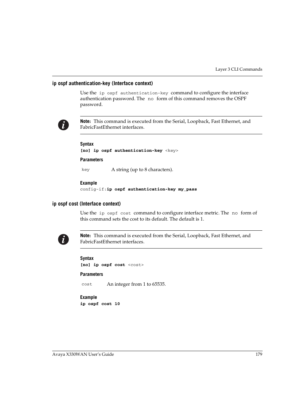 Ip ospf authentication-key (interface context), Ip ospf cost (interface context) | Avaya X330WAN User Manual | Page 201 / 264
