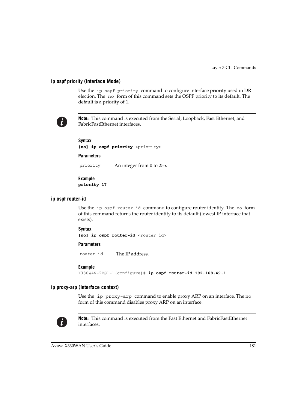 Ip ospf priority (interface mode), Ip ospf router-id, Ip proxy-arp (interface context) | Avaya X330WAN User Manual | Page 203 / 264