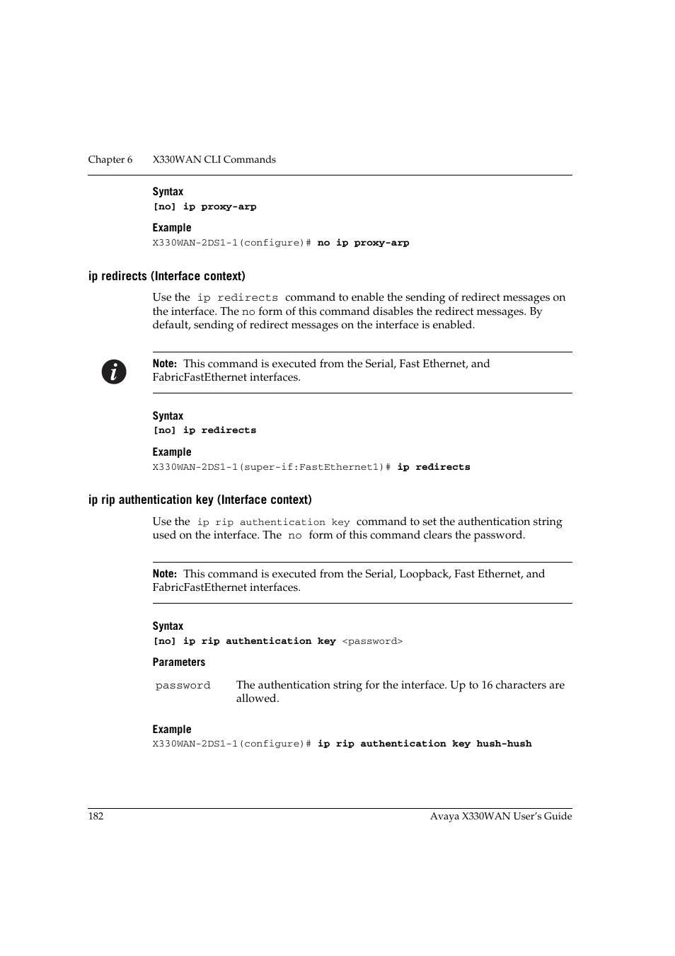 Ip redirects (interface context), Ip rip authentication key (interface context) | Avaya X330WAN User Manual | Page 204 / 264