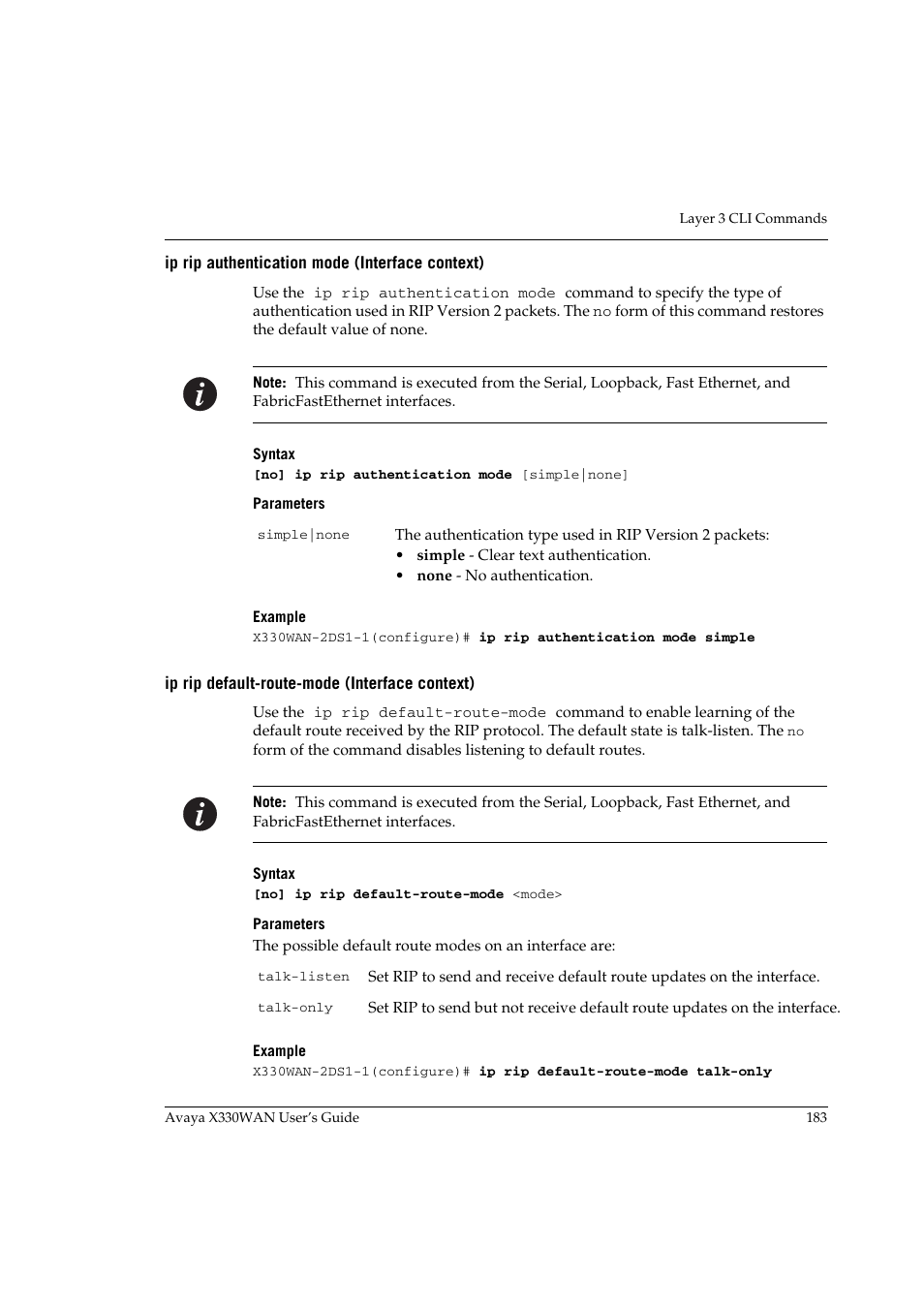 Ip rip authentication mode (interface context), Ip rip default-route-mode (interface context) | Avaya X330WAN User Manual | Page 205 / 264