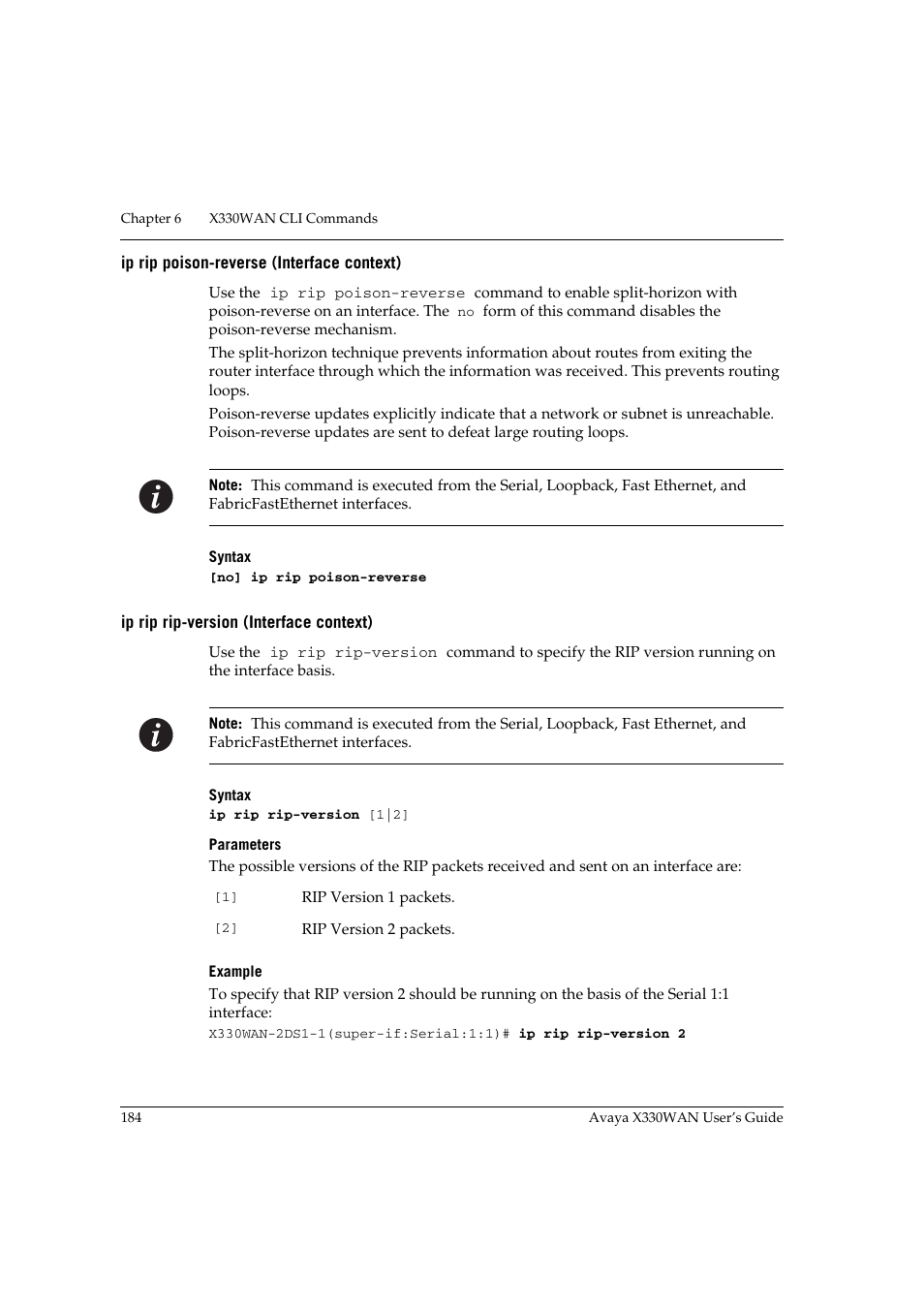 Ip rip poison-reverse (interface context), Ip rip rip-version (interface context) | Avaya X330WAN User Manual | Page 206 / 264