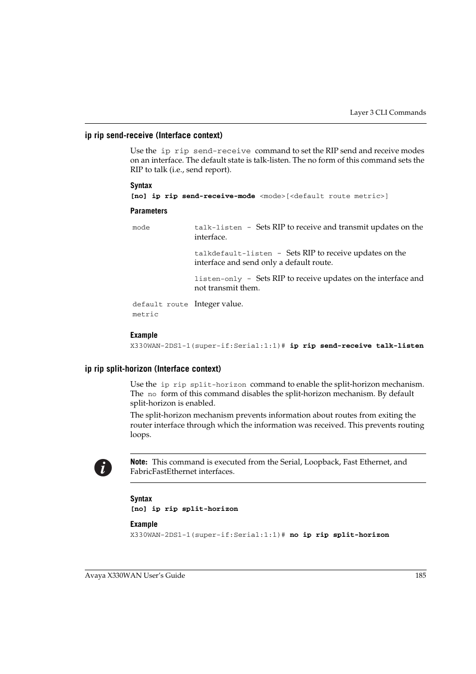 Ip rip send-receive (interface context), Ip rip split-horizon (interface context) | Avaya X330WAN User Manual | Page 207 / 264