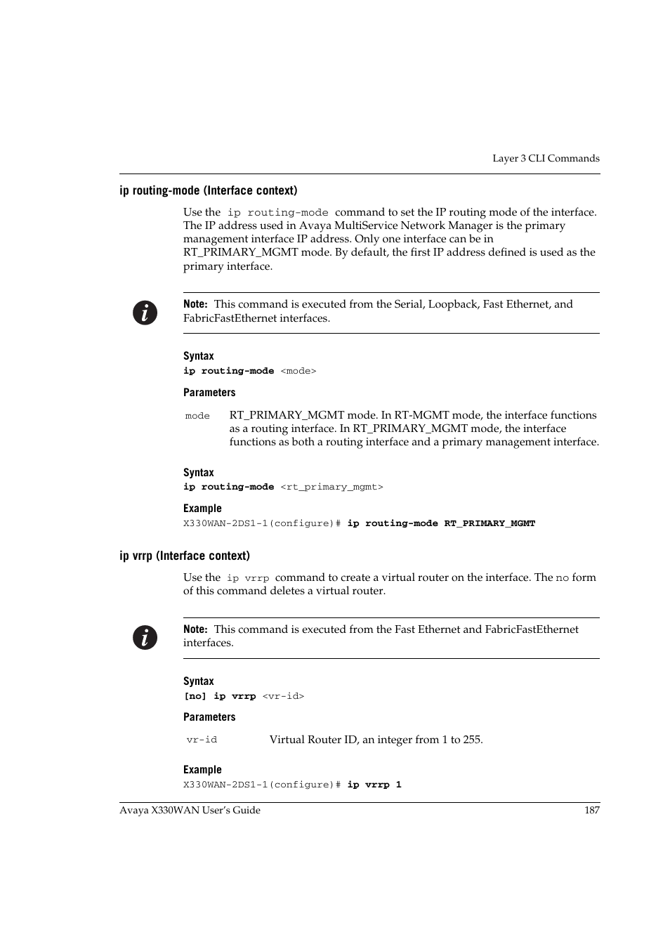 Ip routing-mode (interface context), Ip vrrp (interface context) | Avaya X330WAN User Manual | Page 209 / 264