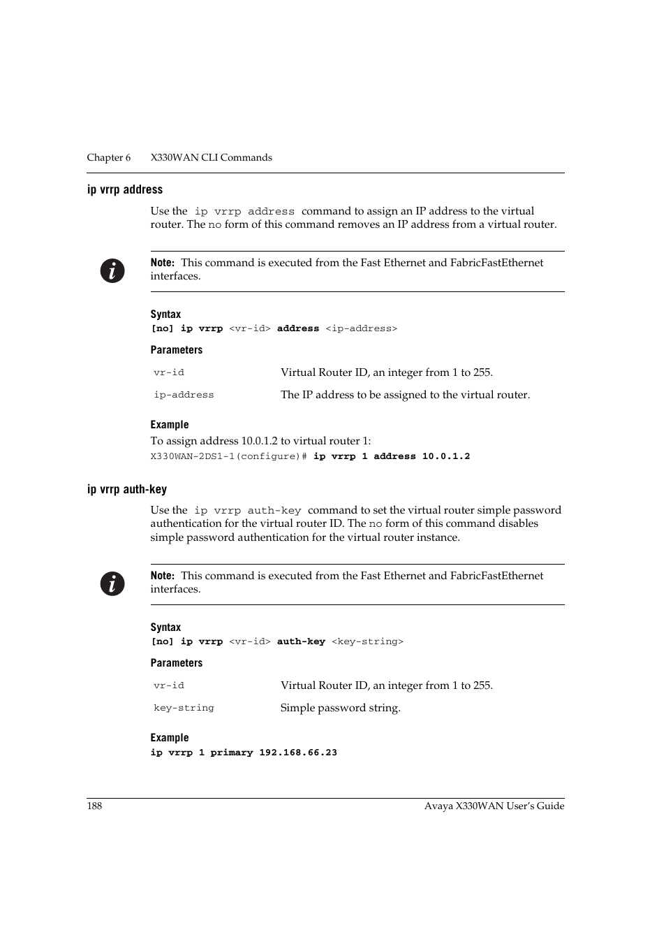 Ip vrrp address, Ip vrrp auth-key, Ip vrrp address ip vrrp auth-key | Avaya X330WAN User Manual | Page 210 / 264