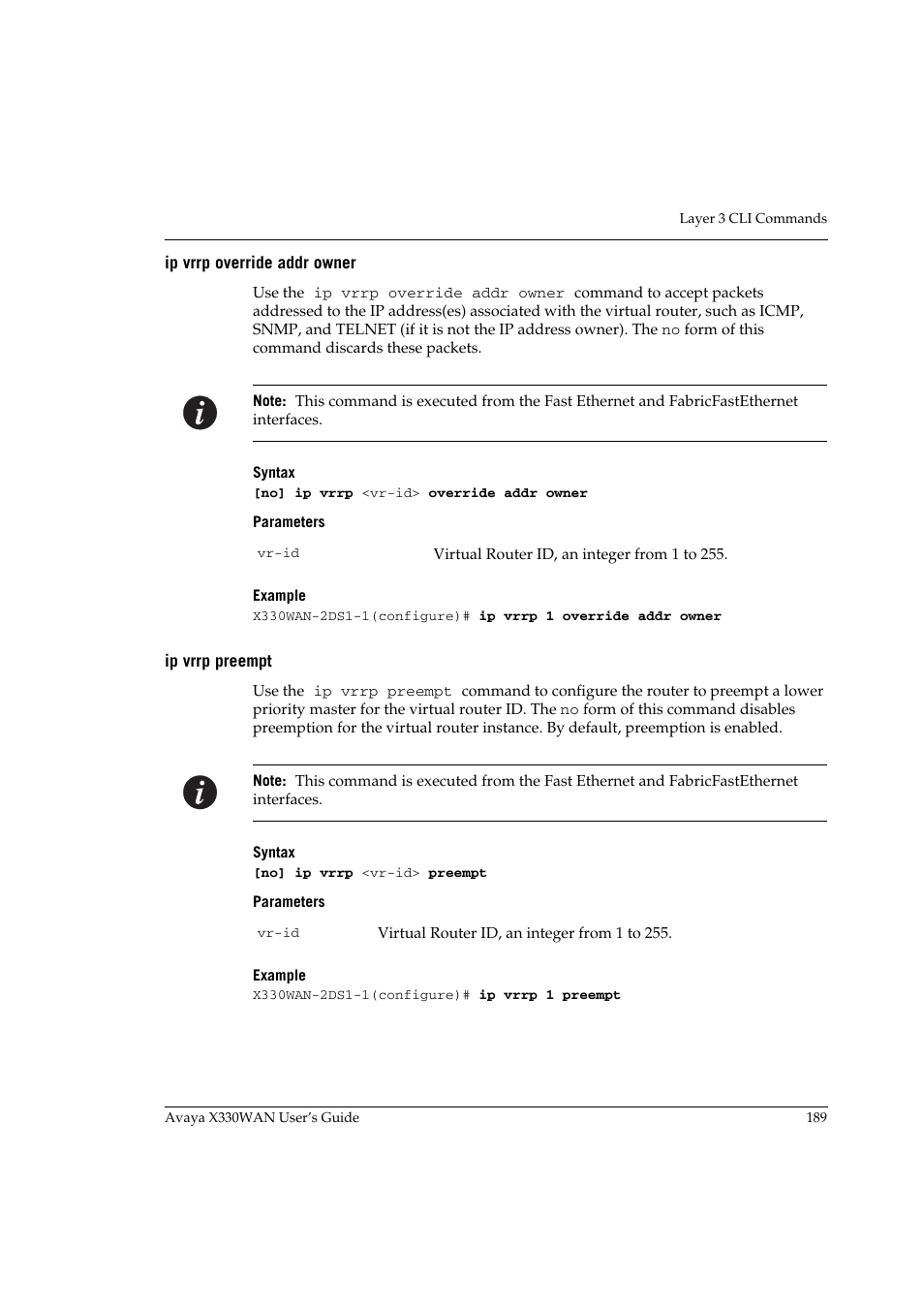 Ip vrrp override addr owner, Ip vrrp preempt, Ip vrrp override addr owner ip vrrp preempt | Avaya X330WAN User Manual | Page 211 / 264