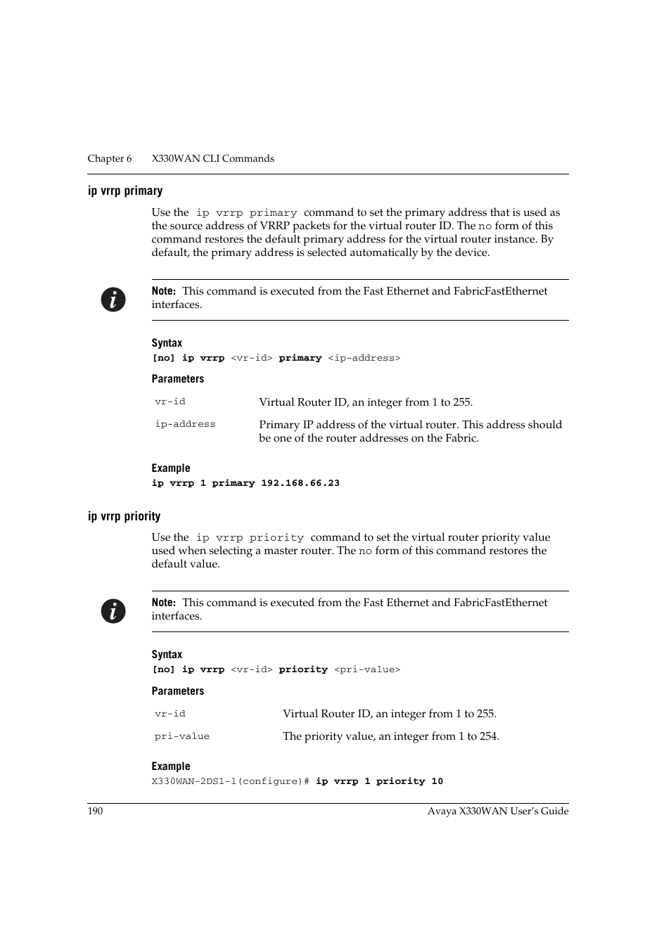 Ip vrrp primary, Ip vrrp priority, Ip vrrp primary ip vrrp priority | Avaya X330WAN User Manual | Page 212 / 264