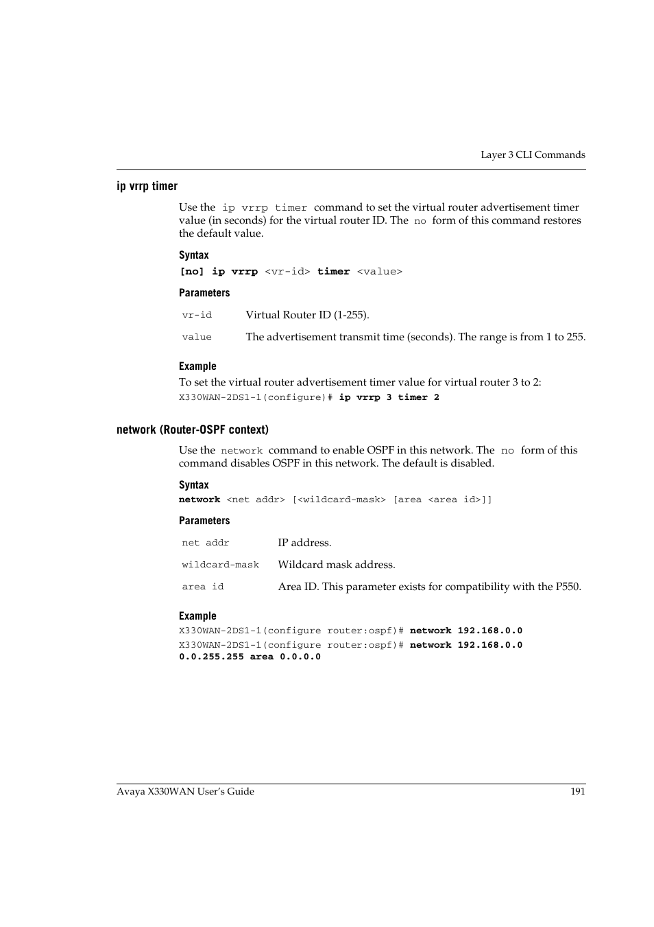 Ip vrrp timer, Network (router-ospf context), Ip vrrp timer network (router-ospf context) | Avaya X330WAN User Manual | Page 213 / 264