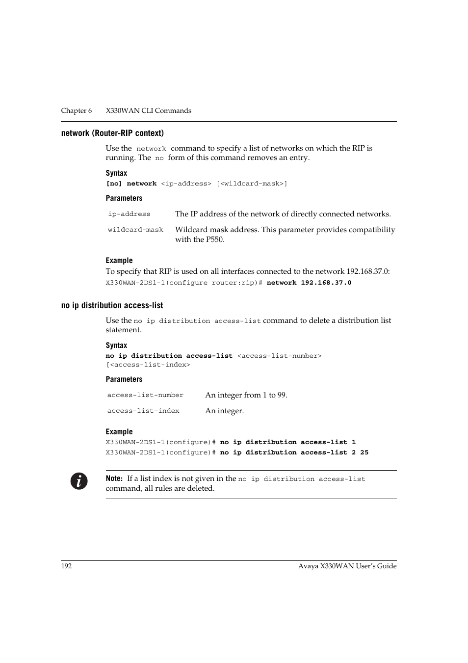 Network (router-rip context), No ip distribution access-list | Avaya X330WAN User Manual | Page 214 / 264
