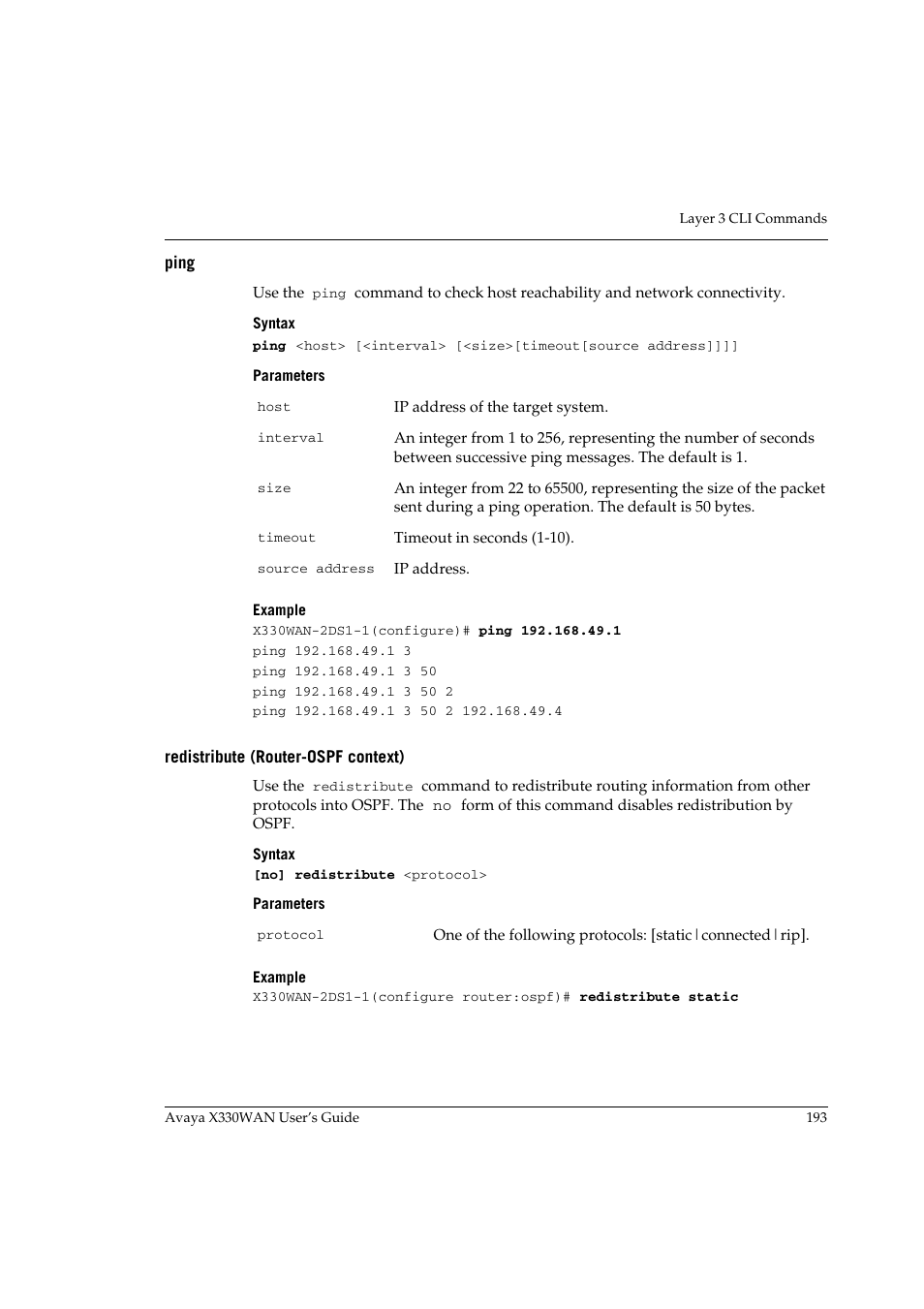 Ping, Redistribute (router-ospf context) | Avaya X330WAN User Manual | Page 215 / 264