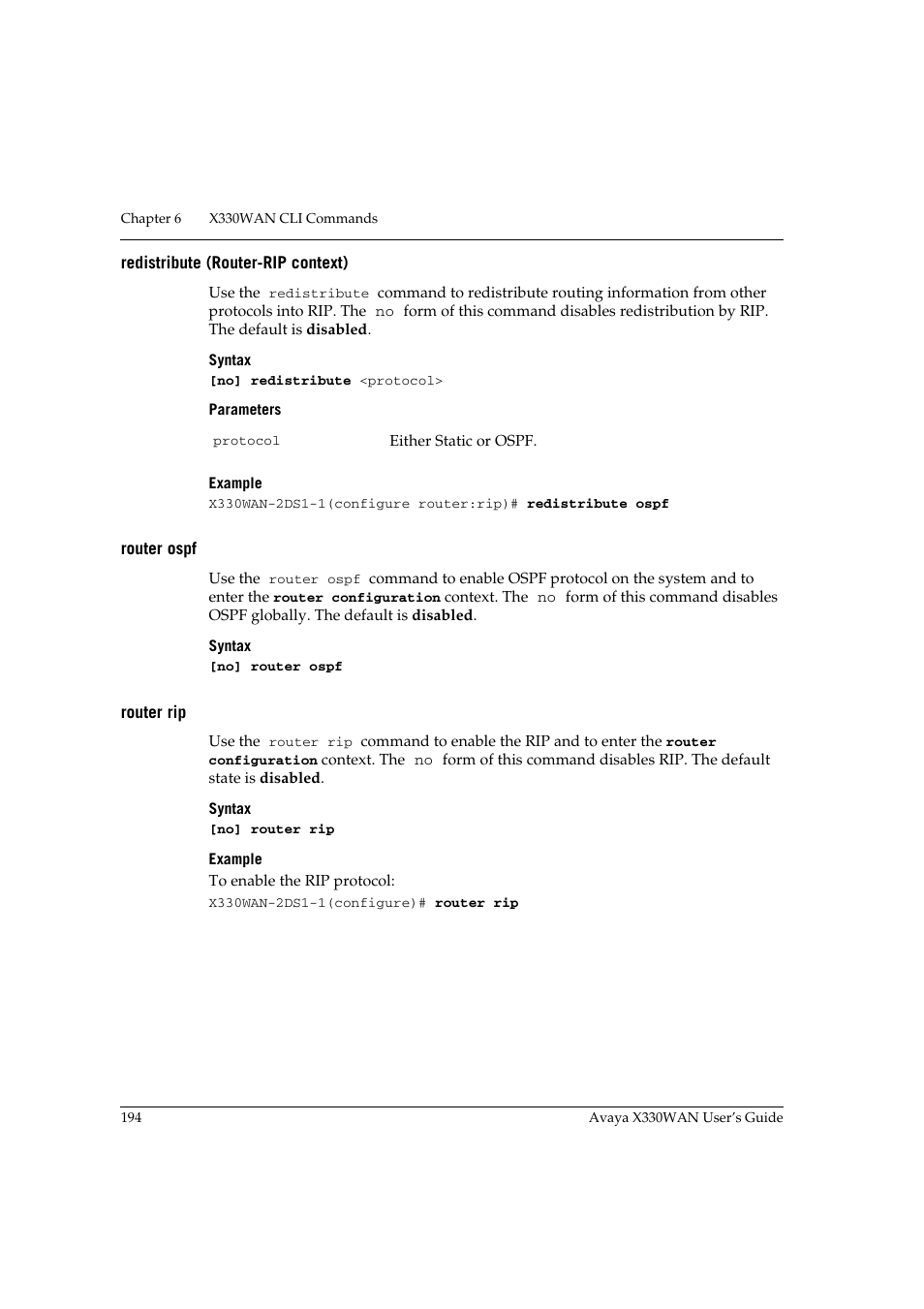 Redistribute (router-rip context), Router ospf, Router rip | Avaya X330WAN User Manual | Page 216 / 264