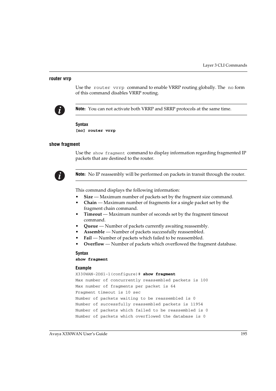Router vrrp, Show fragment, Router vrrp show fragment | Avaya X330WAN User Manual | Page 217 / 264