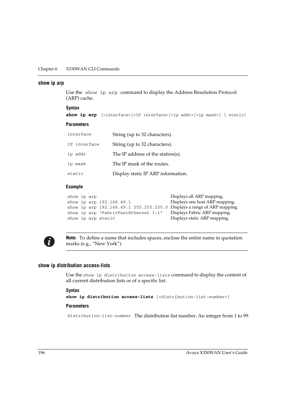 Show ip arp, Show ip distribution access-lists, Show ip arp show ip distribution access-lists | Avaya X330WAN User Manual | Page 218 / 264