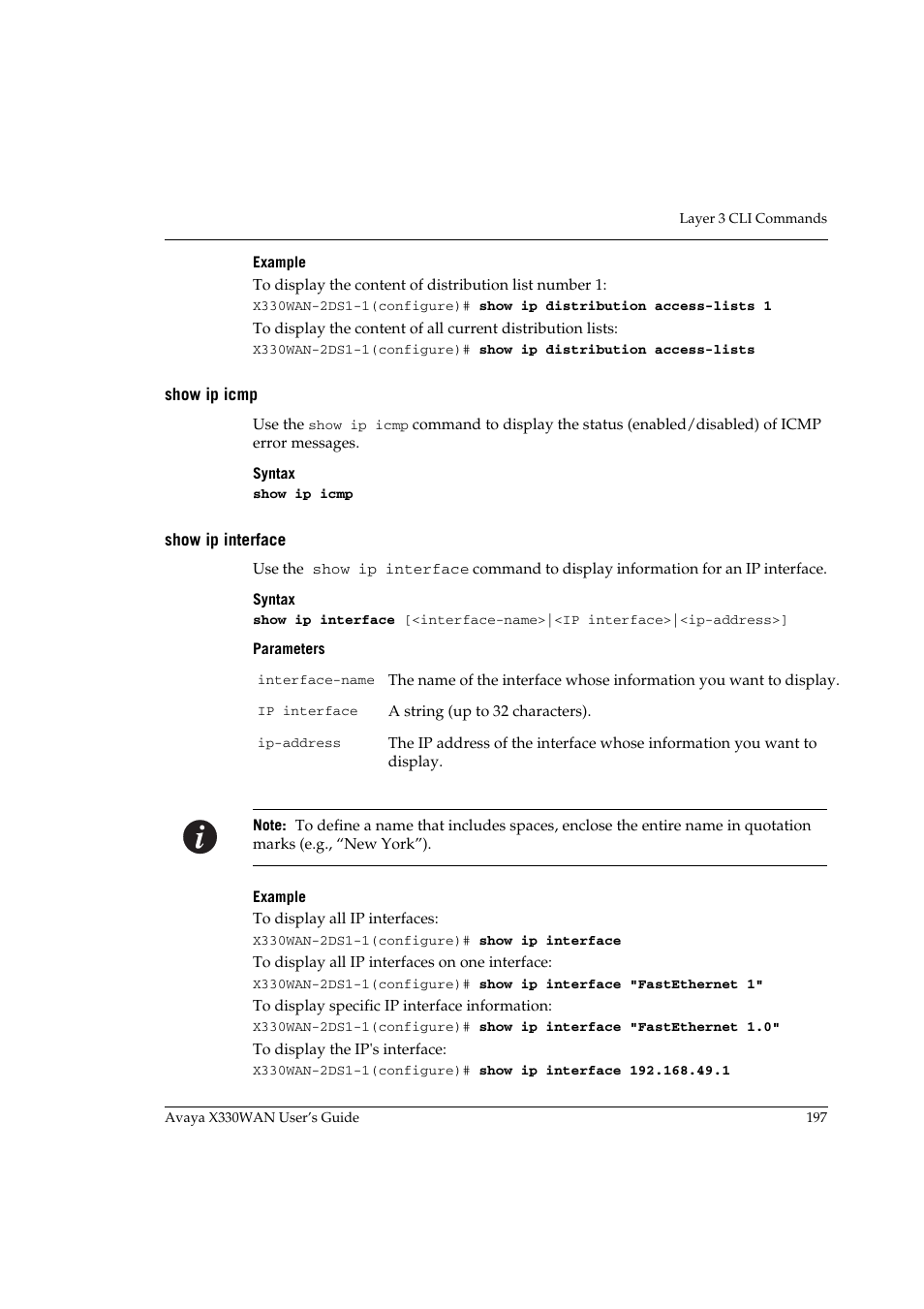 Show ip icmp, Show ip interface, Show ip icmp show ip interface | Avaya X330WAN User Manual | Page 219 / 264