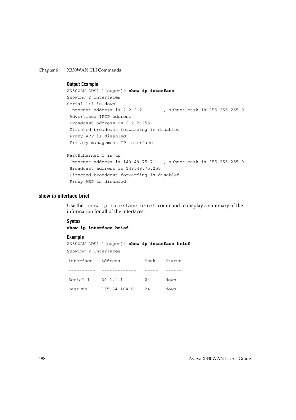 Show ip interface brief | Avaya X330WAN User Manual | Page 220 / 264