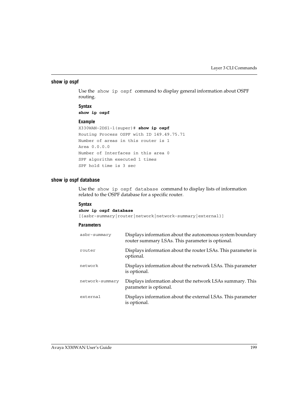 Show ip ospf, Show ip ospf database, Show ip ospf show ip ospf database | Avaya X330WAN User Manual | Page 221 / 264