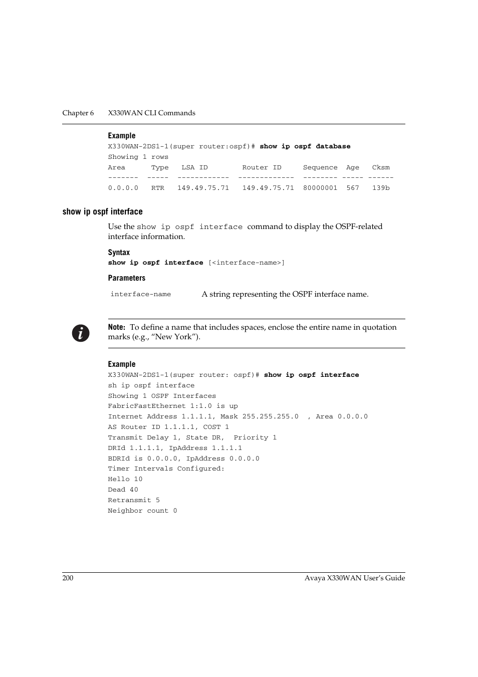 Show ip ospf interface | Avaya X330WAN User Manual | Page 222 / 264