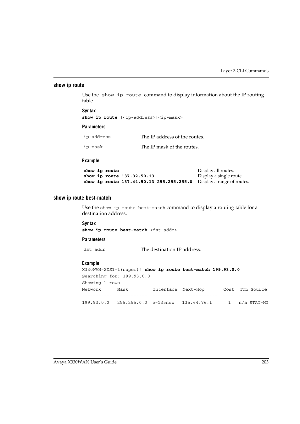 Show ip route, Show ip route best-match, Show ip route show ip route best-match | Avaya X330WAN User Manual | Page 225 / 264