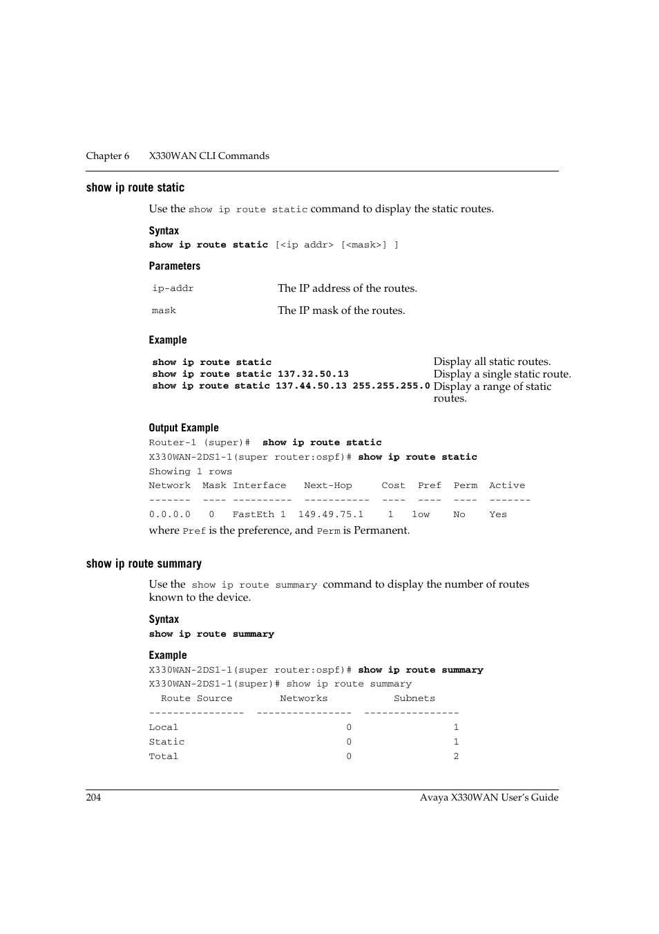 Show ip route static, Show ip route summary, Show ip route static show ip route summary | Avaya X330WAN User Manual | Page 226 / 264