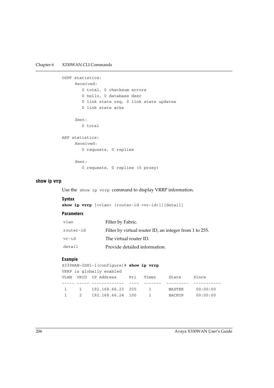 Show ip vrrp | Avaya X330WAN User Manual | Page 228 / 264