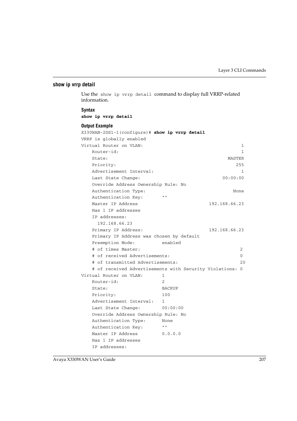 Show ip vrrp detail | Avaya X330WAN User Manual | Page 229 / 264