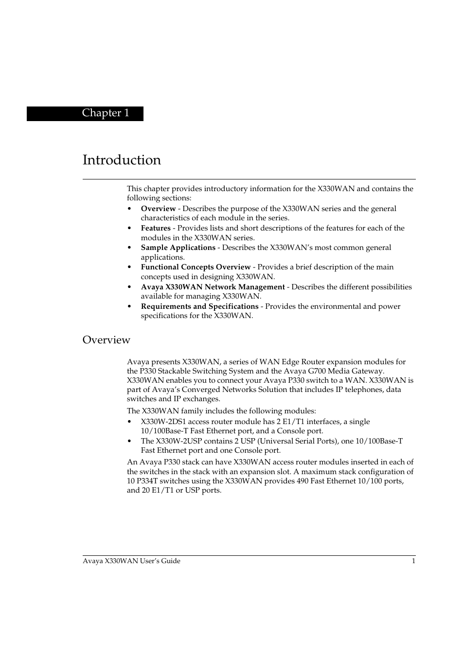 Introduction, Overview, Chapter 1 | Avaya X330WAN User Manual | Page 23 / 264