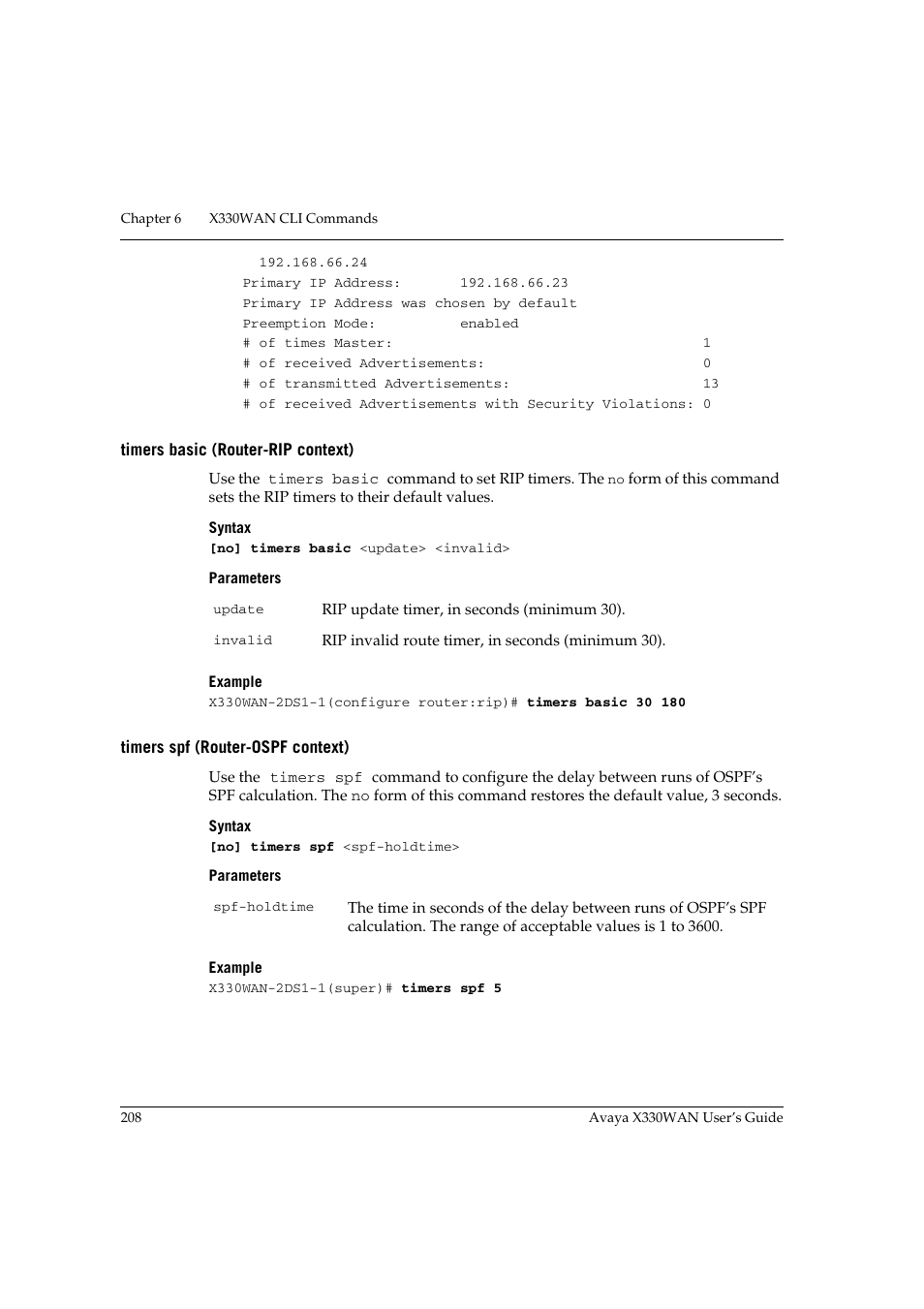 Timers basic (router-rip context), Timers spf (router-ospf context) | Avaya X330WAN User Manual | Page 230 / 264