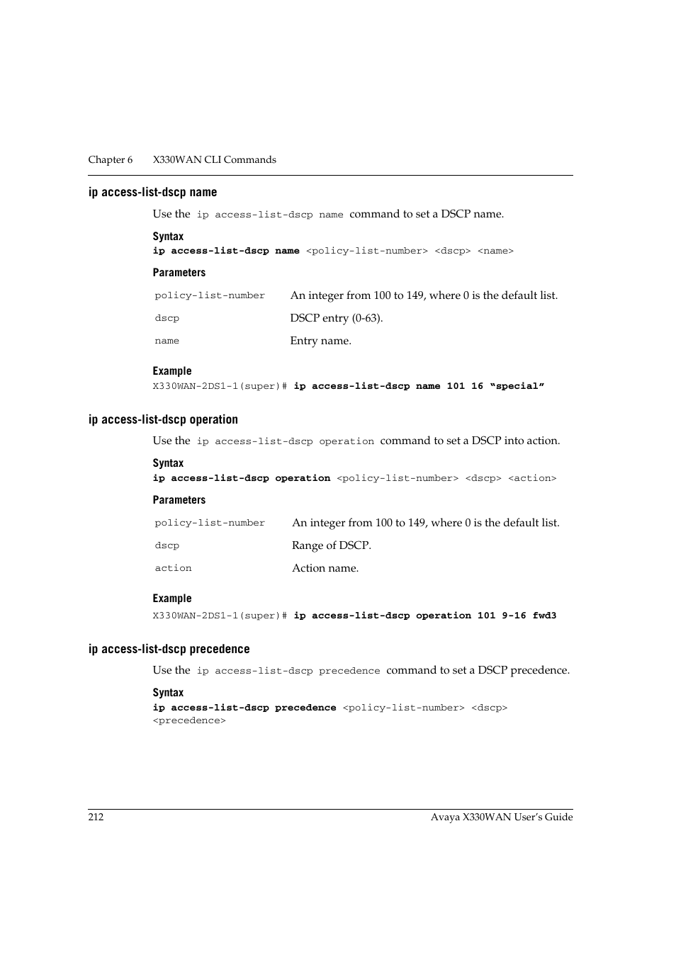 Ip access-list-dscp name, Ip access-list-dscp operation, Ip access-list-dscp precedence | Avaya X330WAN User Manual | Page 234 / 264