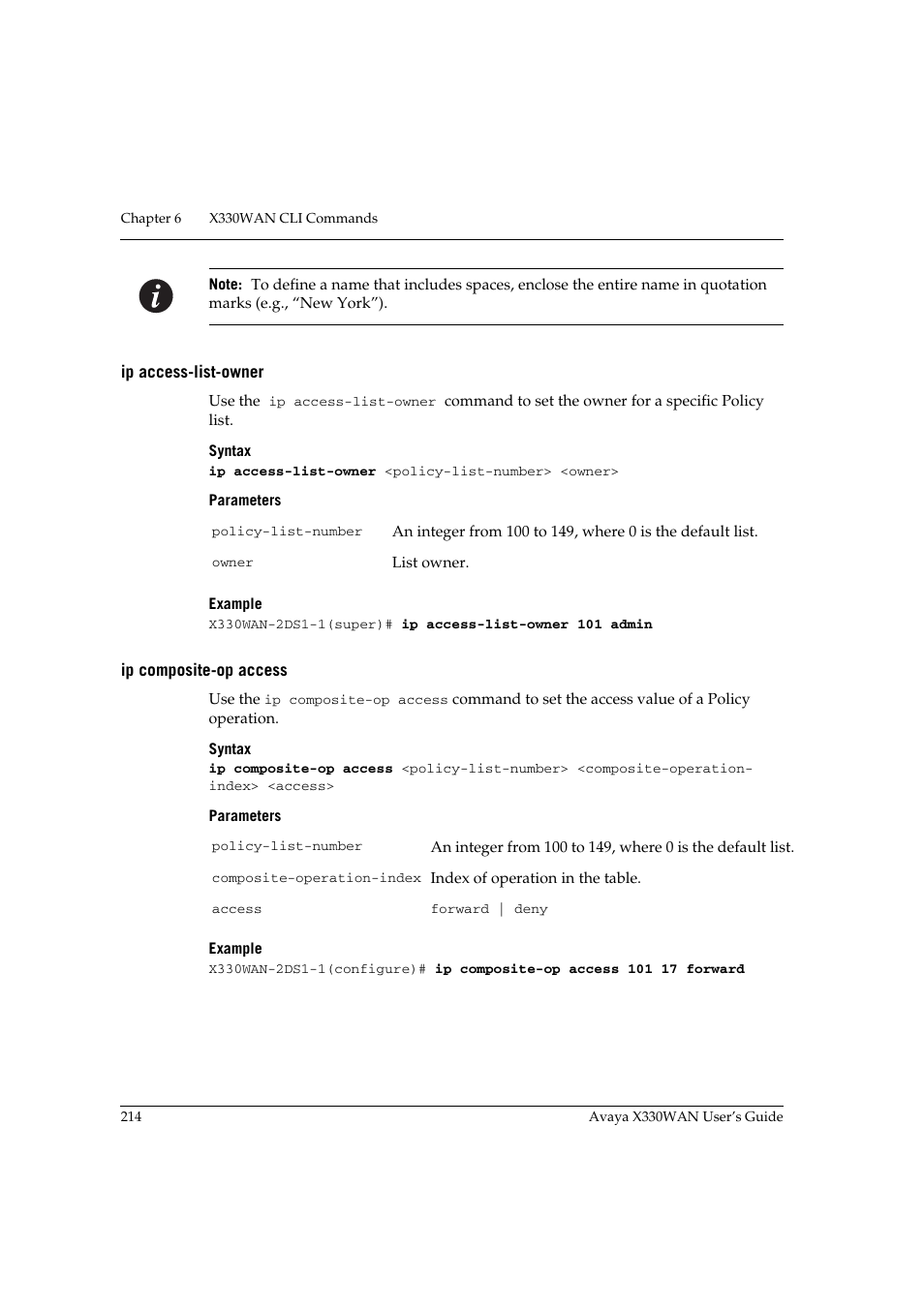 Ip access-list-owner, Ip composite-op access, Ip access-list-owner ip composite-op access | Avaya X330WAN User Manual | Page 236 / 264