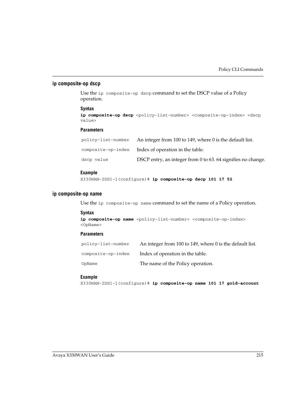 Ip composite-op dscp, Ip composite-op name, Ip composite-op dscp ip composite-op name | Avaya X330WAN User Manual | Page 237 / 264