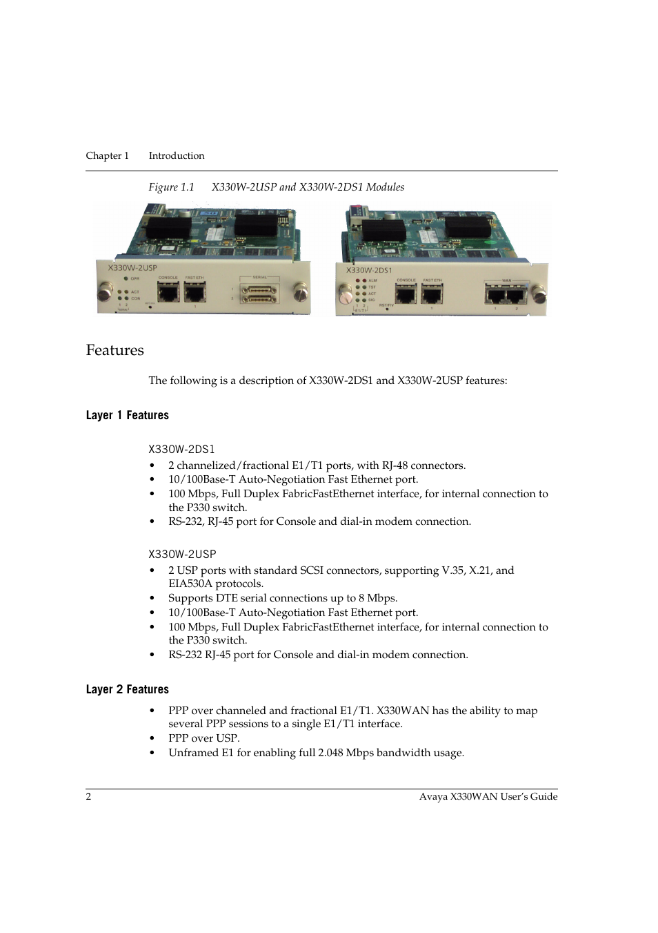Features, Layer 1 features, X330w-2ds1 | X330w-2usp, Layer 2 features, X330w-2ds1 x330w-2usp, Figure 1.1, X330w-2usp and x330w-2ds1 modules | Avaya X330WAN User Manual | Page 24 / 264