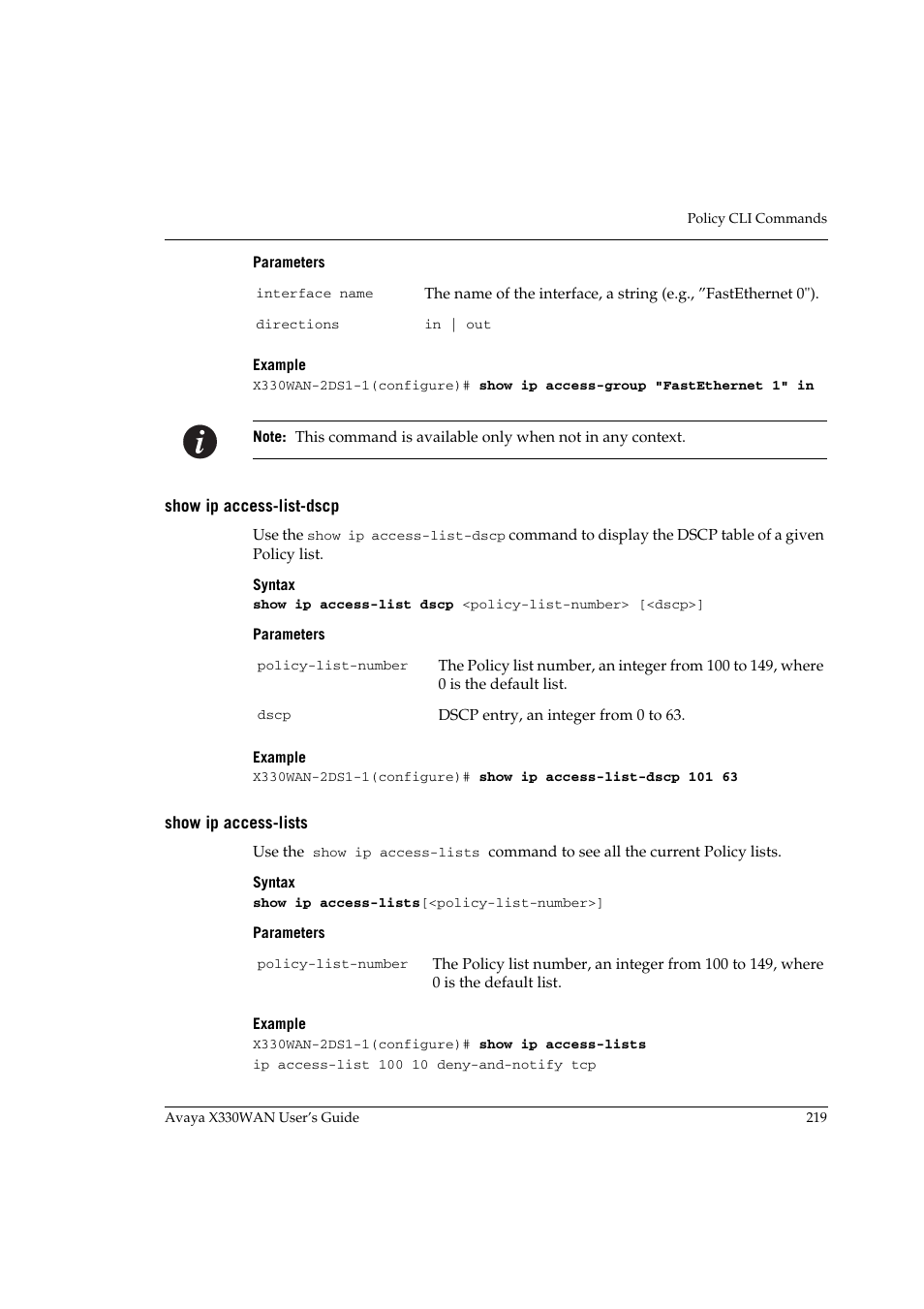 Show ip access-list-dscp, Show ip access-lists, Show ip access-list-dscp show ip access-lists | Avaya X330WAN User Manual | Page 241 / 264