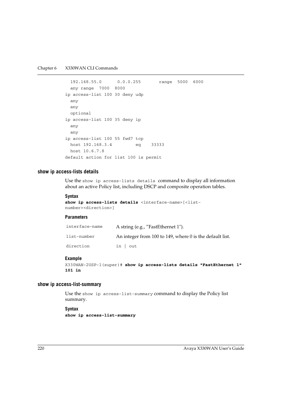 Show ip access-lists details, Show ip access-list-summary | Avaya X330WAN User Manual | Page 242 / 264