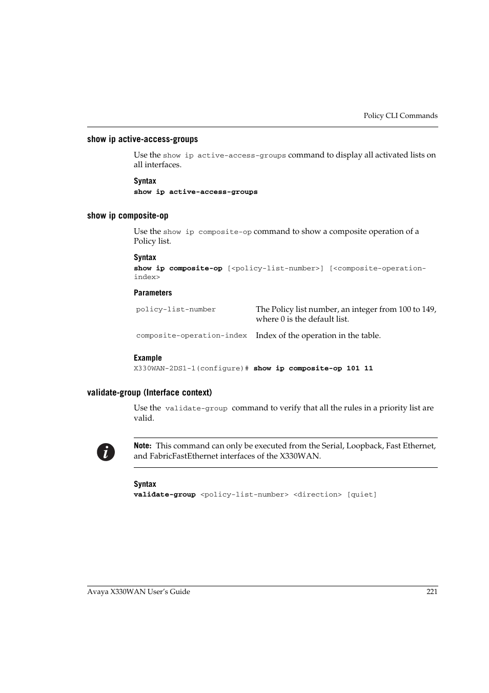 Show ip active-access-groups, Show ip composite-op, Validate-group (interface context) | Avaya X330WAN User Manual | Page 243 / 264