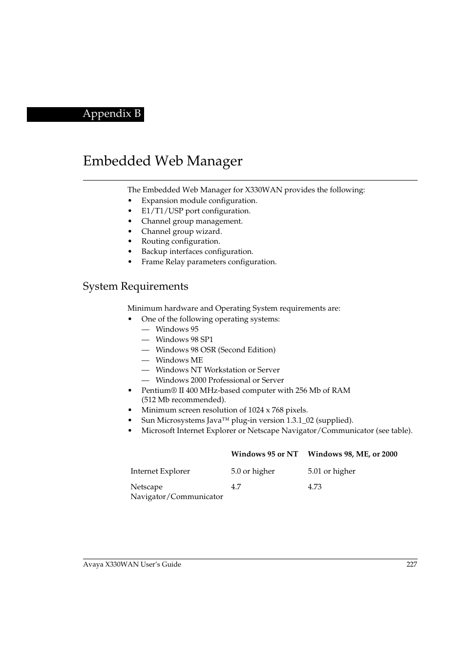 Embedded web manager, System requirements, Appendix b | Avaya X330WAN User Manual | Page 249 / 264