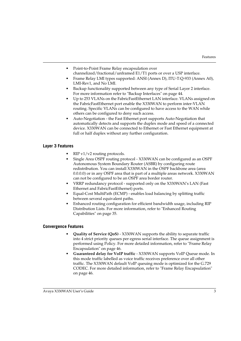 Layer 3 features, Convergence features, Layer 3 features convergence features | Avaya X330WAN User Manual | Page 25 / 264