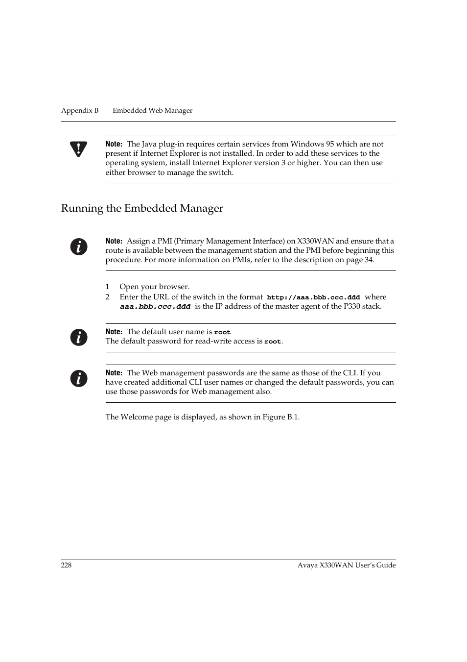 Running the embedded manager | Avaya X330WAN User Manual | Page 250 / 264