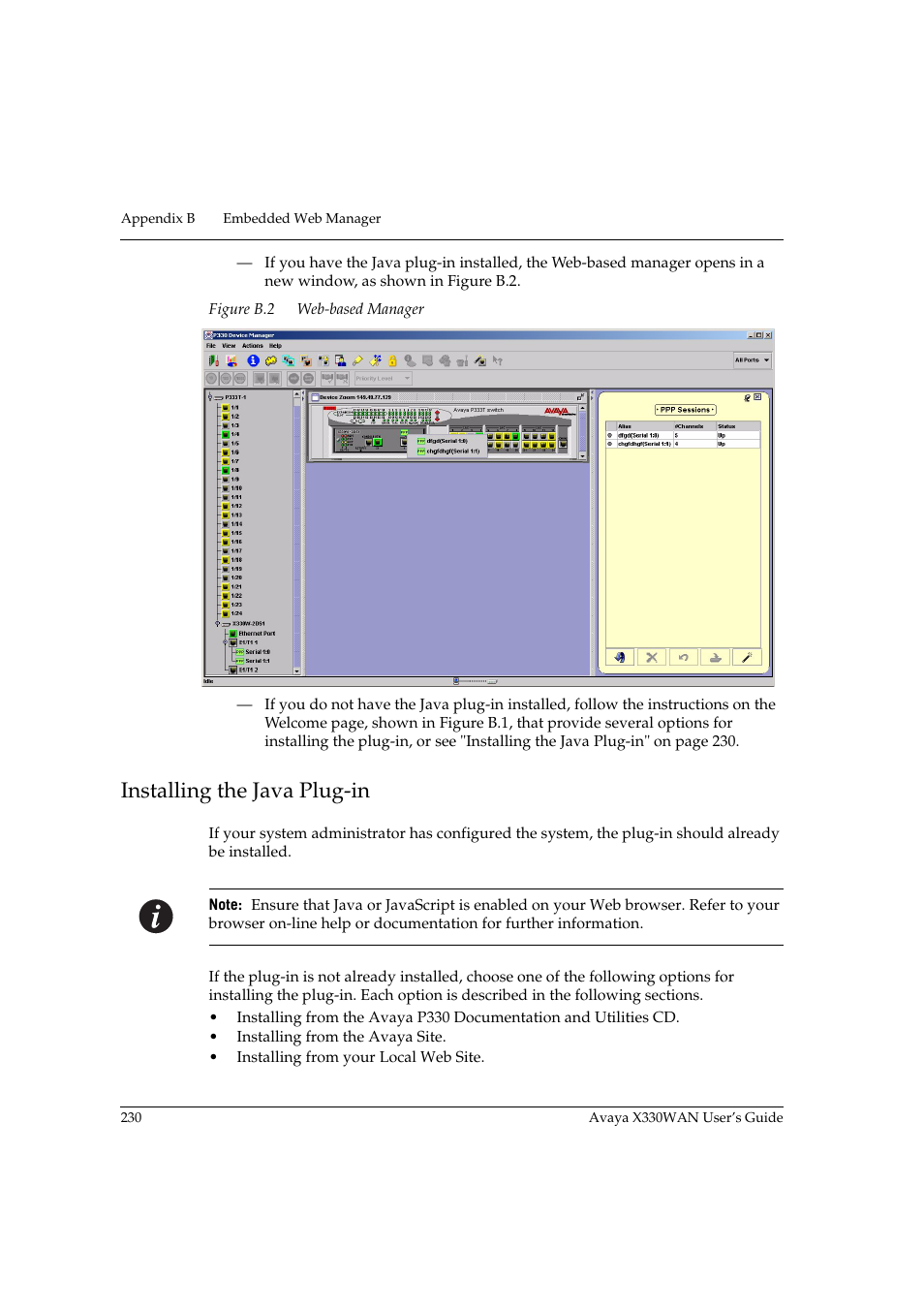 Installing the java plug-in, Figure b.2, Web-based manager | Avaya X330WAN User Manual | Page 252 / 264